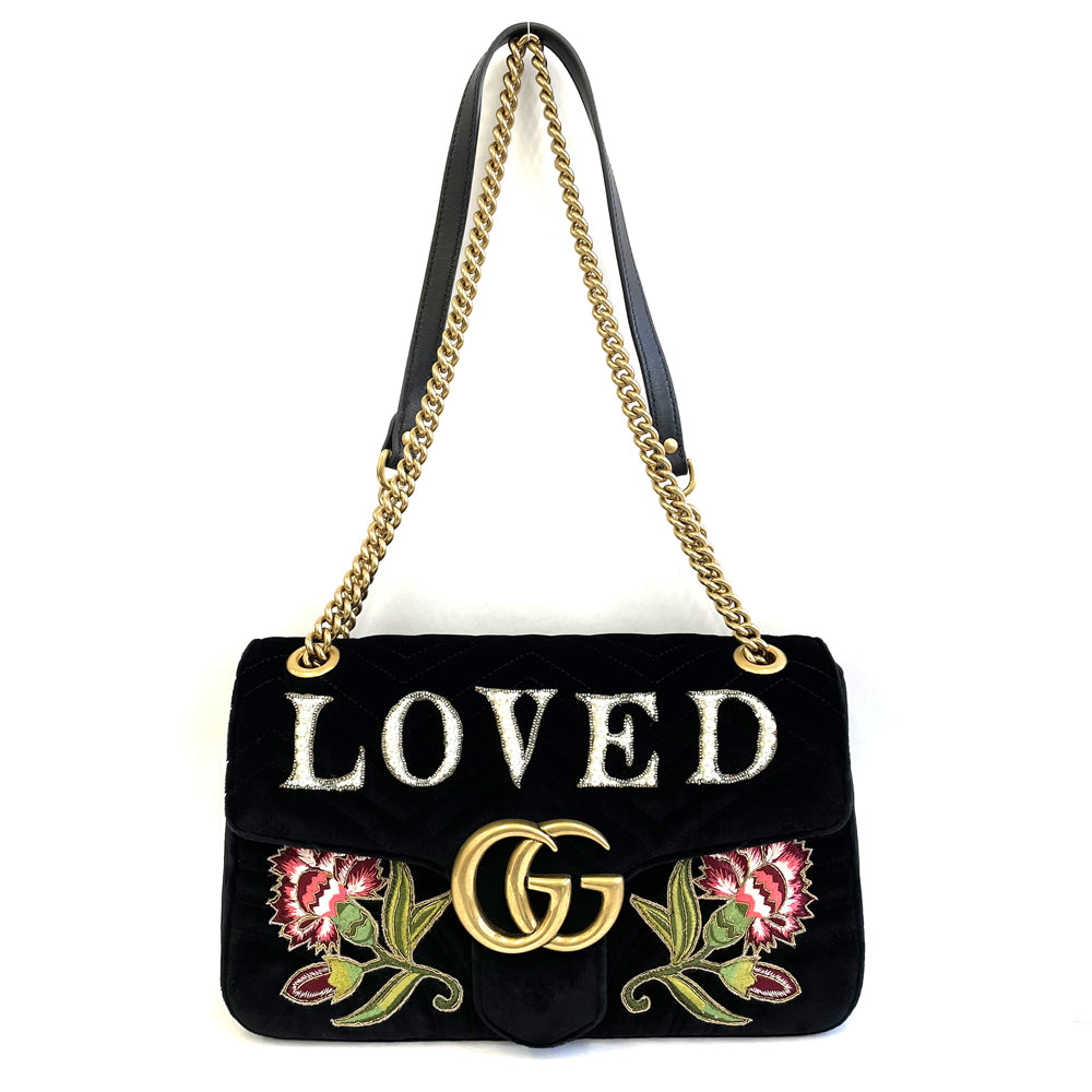 Gucci GG Marmont “Loved” Velvet Chain Shoulder Bag 443496, Black, Antique Gold-Tone Hardware, photograph 2 of 10