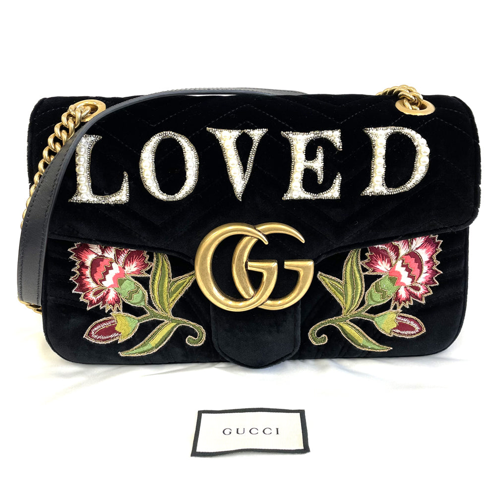 Gucci GG Marmont “Loved” Velvet Chain Shoulder Bag 443496, Black, Antique Gold-Tone Hardware, photograph 3 of 10