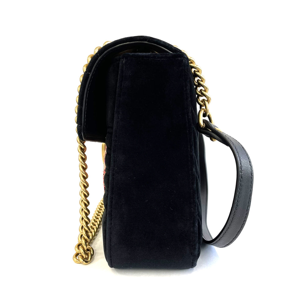 Gucci GG Marmont “Loved” Velvet Chain Shoulder Bag 443496, Black, Antique Gold-Tone Hardware, photograph 6 of 10