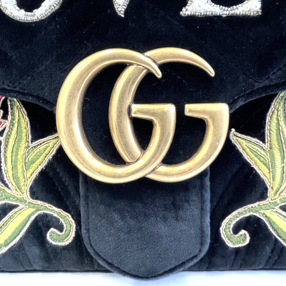 Gucci GG Marmont “Loved” Velvet Chain Shoulder Bag 443496, Black, Antique Gold-Tone Hardware, photograph 9 of 10