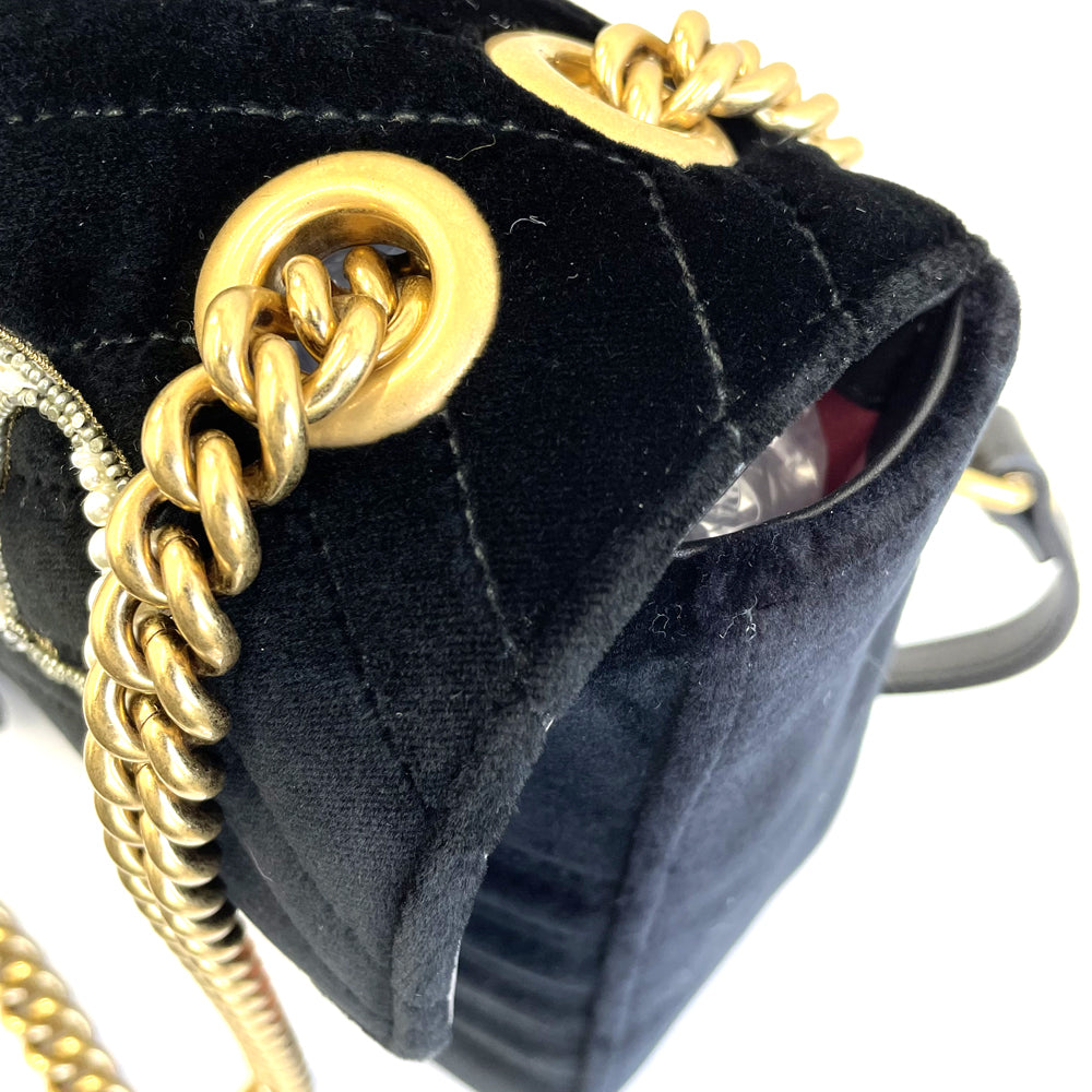 Gucci GG Marmont “Loved” Velvet Chain Shoulder Bag 443496, Black, Antique Gold-Tone Hardware, photograph 10 of 10