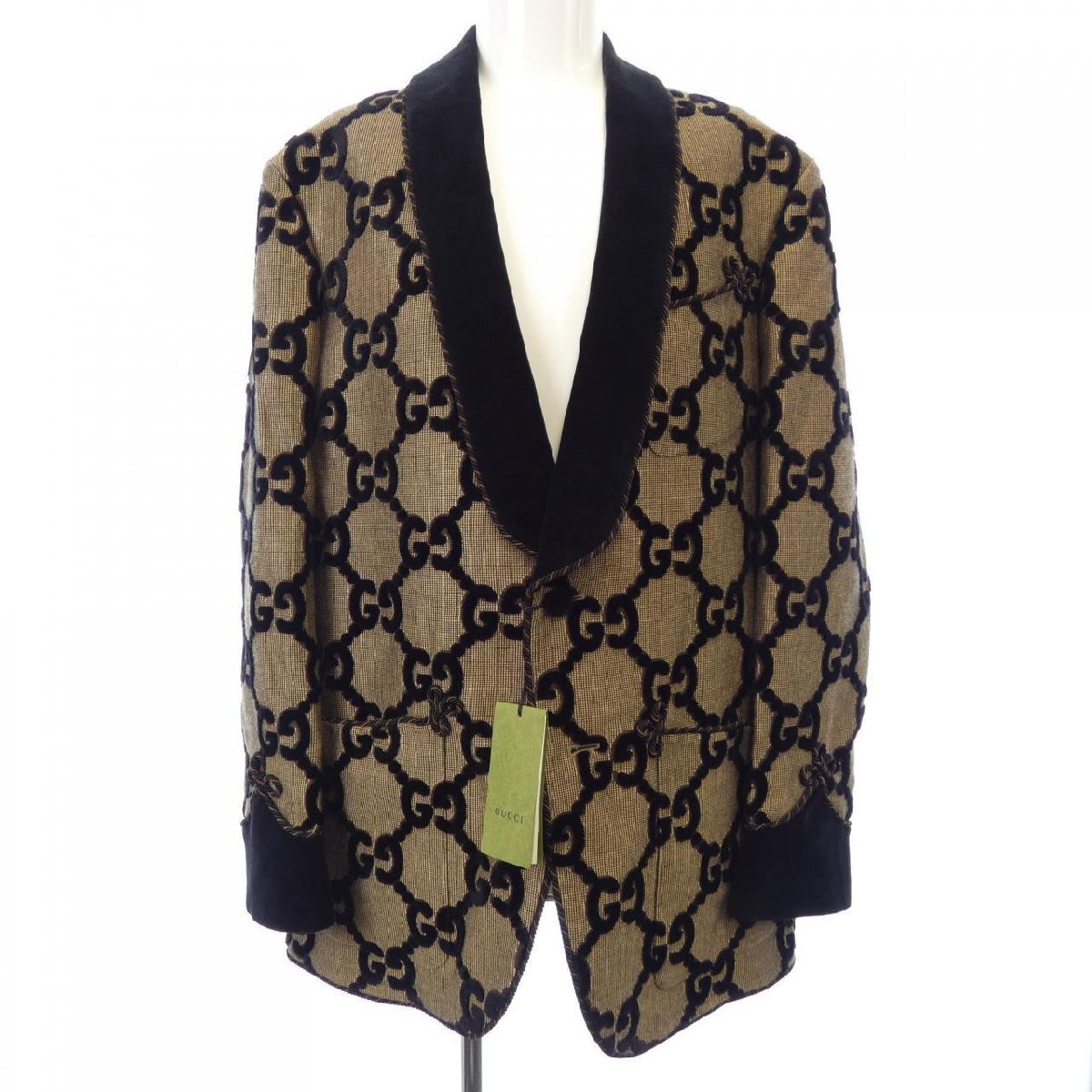 Gucci Jumbo GG Smoking Jacket 715702 ZAJIK with Velvet Shawl Collar and Cord Trim, Beige and Black, Size 48, view 1