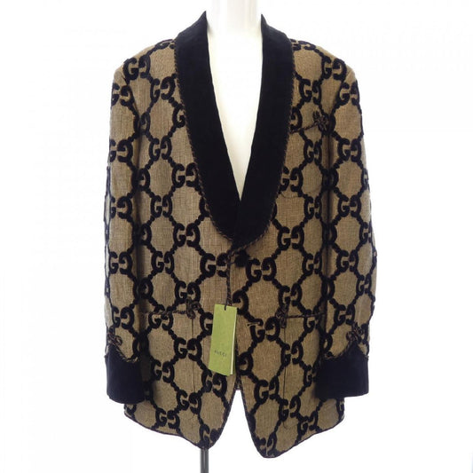 Gucci Jumbo GG Smoking Jacket 715702 ZAJIK with Velvet Shawl Collar and Cord Trim, Beige and Black, Size 48, view 1