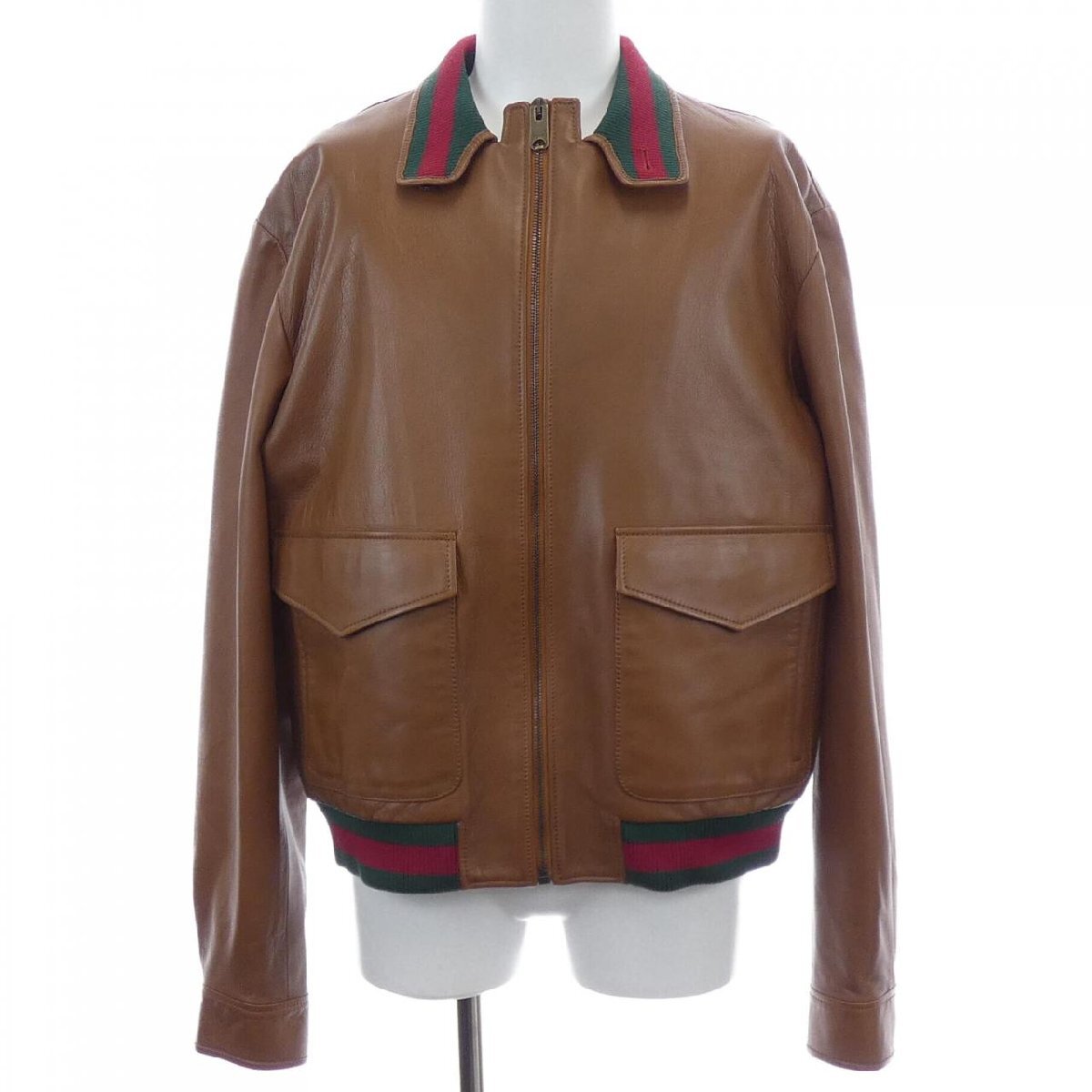 Gucci Lambskin Leather Bomber Jacket 694614 XNAPL with Web Knit Collar and Cuffs, Cognac Brown, Size 46, view 1
