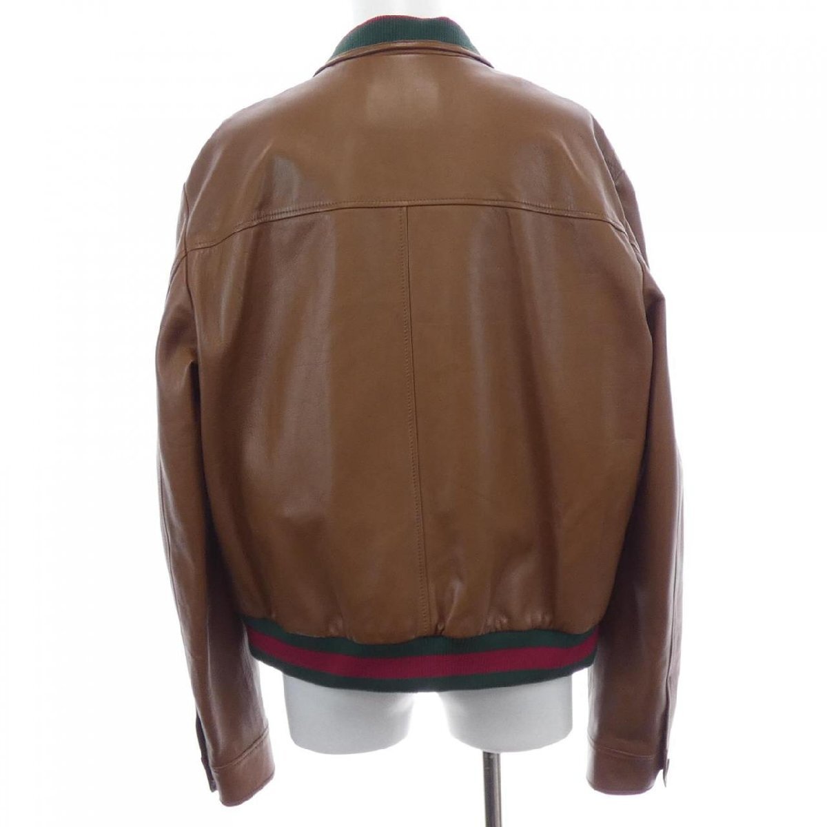 Gucci Lambskin Leather Bomber Jacket 694614 XNAPL with Web Knit Collar and Cuffs, Cognac Brown, Size 46, view 2