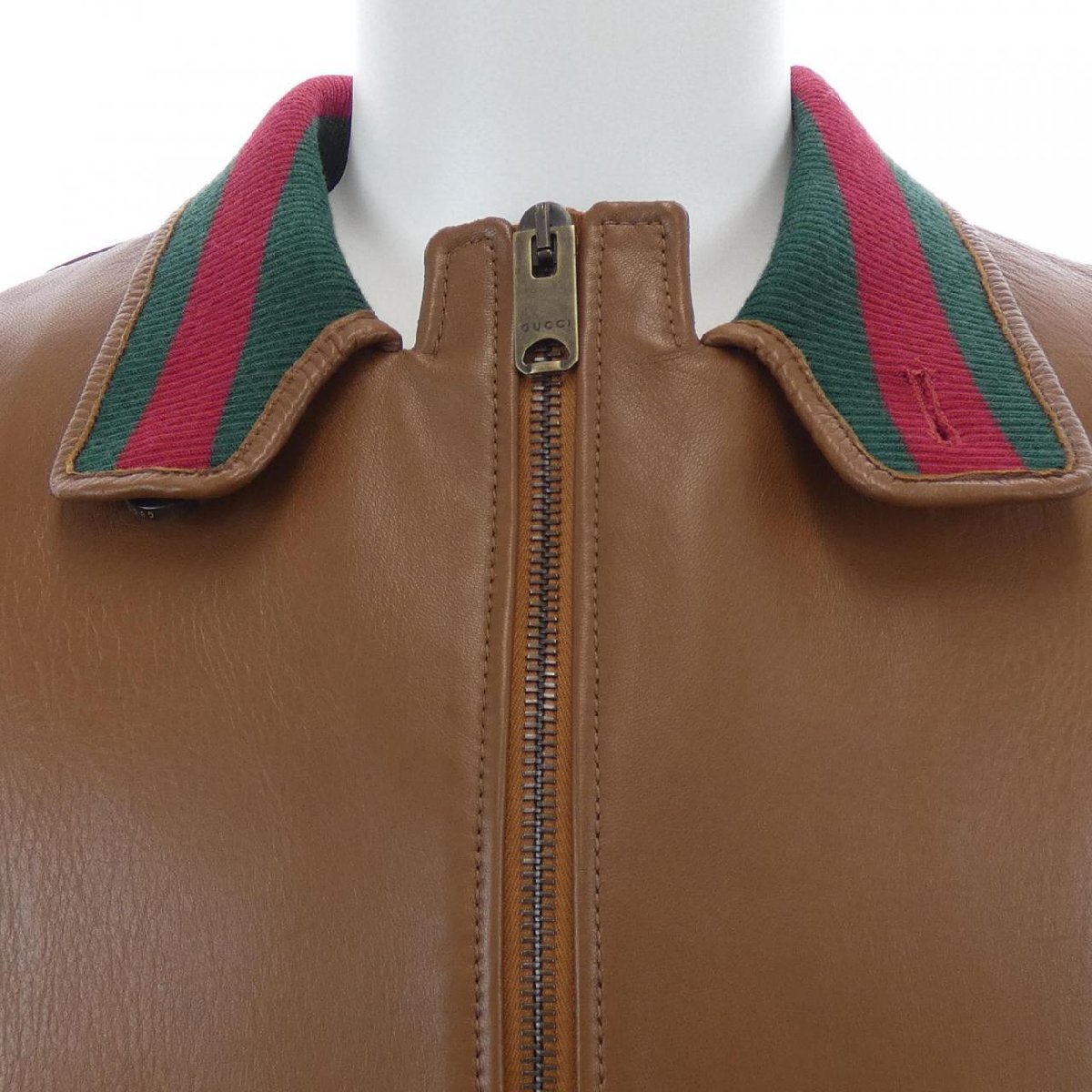 Gucci Lambskin Leather Bomber Jacket 694614 XNAPL with Web Knit Collar and Cuffs, Cognac Brown, Size 46, view 3