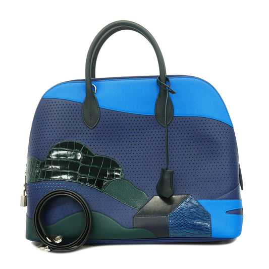 Hermès Bolide 1923 35 Landscape Patchwork in Perforated Swift, Alligator and Lizard, Blue, D Stamp 2019, view 1