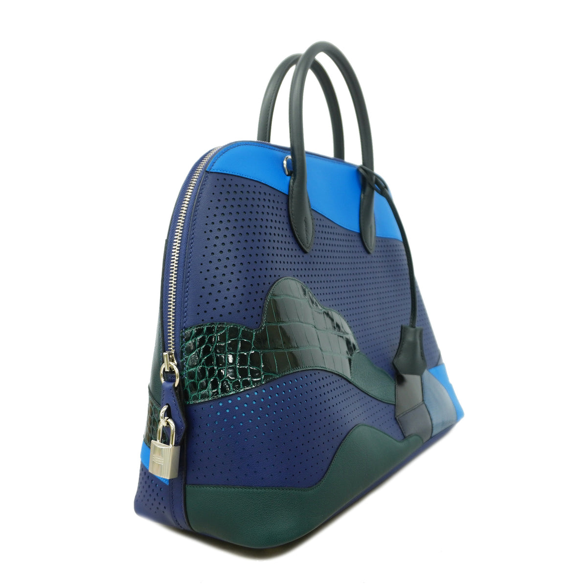 Hermès Bolide 1923 35 Landscape Patchwork in Perforated Swift, Alligator and Lizard, Blue, D Stamp 2019, view 2
