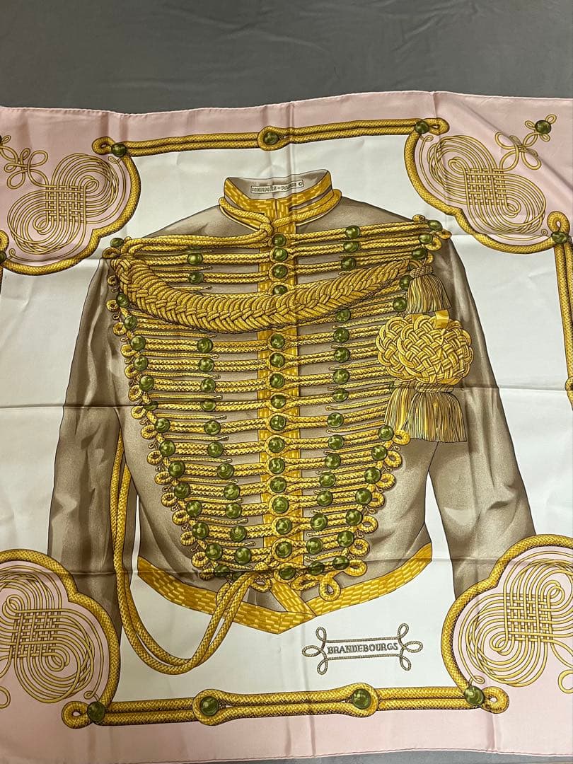 Hermès Brandebourgs Carré 90 Silk Twill Scarf, Gold Military Frogging on Blush Pink, view 1