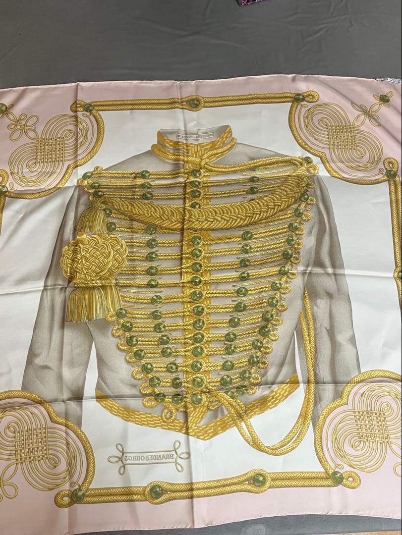 Hermès Brandebourgs Carré 90 Silk Twill Scarf, Gold Military Frogging on Blush Pink, view 3