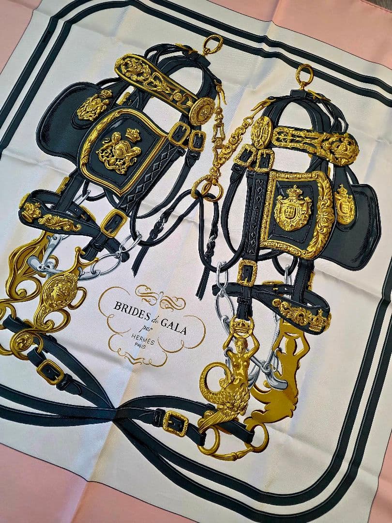 Hermès Brides de Gala Carré 90 Silk Twill Scarf, Black and Gold Harness, Pale Pink Border, with Box, view 1