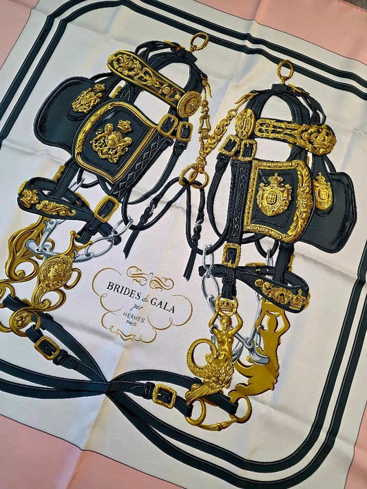 Hermès Brides de Gala Carré 90 Silk Twill Scarf, Black and Gold Harness, Pale Pink Border, with Box, view 1