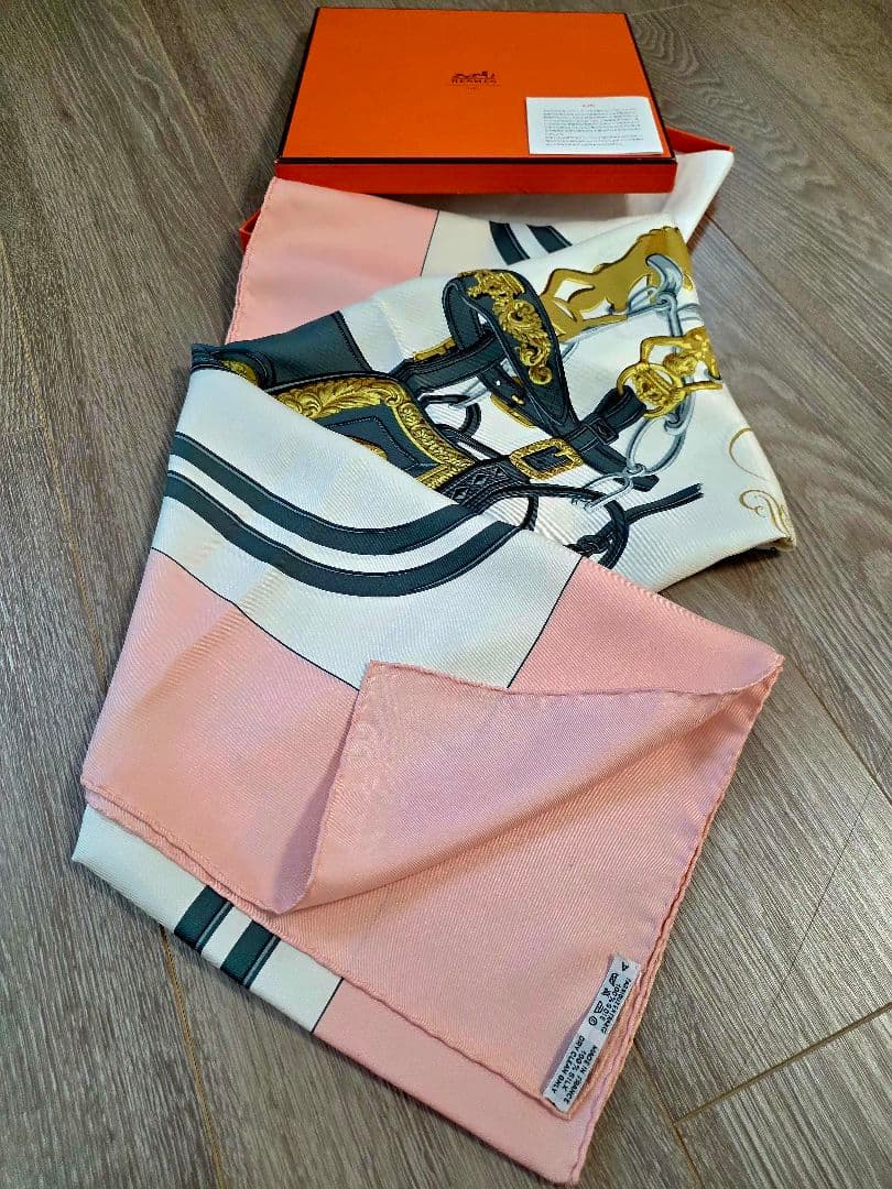 Hermès Brides de Gala Carré 90 Silk Twill Scarf, Black and Gold Harness, Pale Pink Border, with Box, view 2
