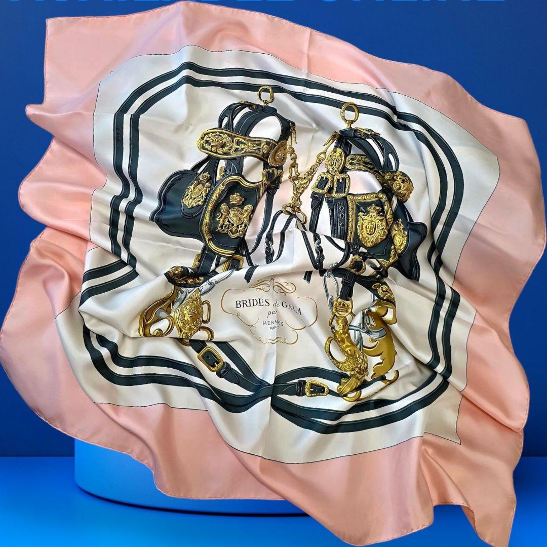 Hermès Brides de Gala Carré 90 Silk Twill Scarf, Black and Gold Harness, Pale Pink Border, with Box, view 3