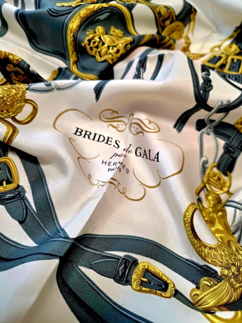 Hermès Brides de Gala Carré 90 Silk Twill Scarf, Black and Gold Harness, Pale Pink Border, with Box, view 4
