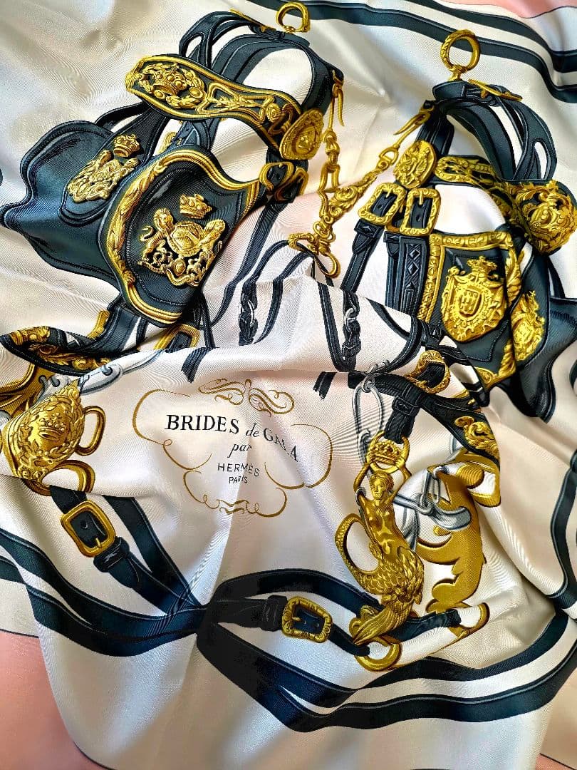 Hermès Brides de Gala Carré 90 Silk Twill Scarf, Black and Gold Harness, Pale Pink Border, with Box, view 5