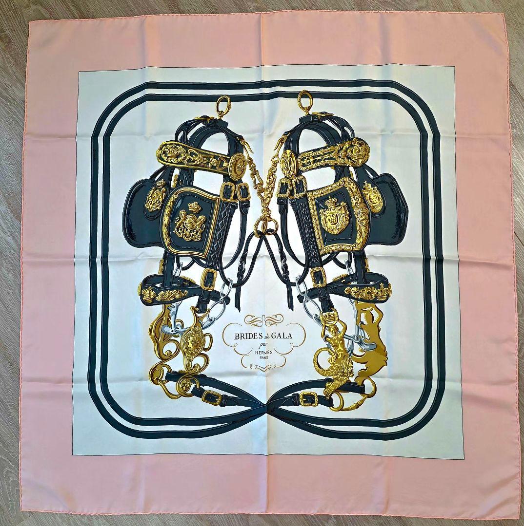 Hermès Brides de Gala Carré 90 Silk Twill Scarf, Black and Gold Harness, Pale Pink Border, with Box, view 7