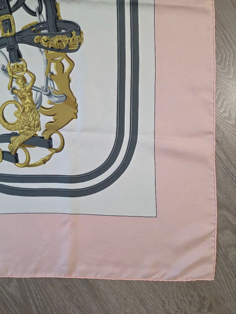 Hermès Brides de Gala Carré 90 Silk Twill Scarf, Black and Gold Harness, Pale Pink Border, with Box, view 8