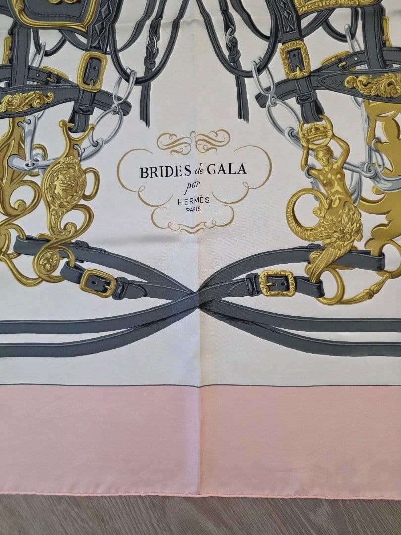 Hermès Brides de Gala Carré 90 Silk Twill Scarf, Black and Gold Harness, Pale Pink Border, with Box, view 9