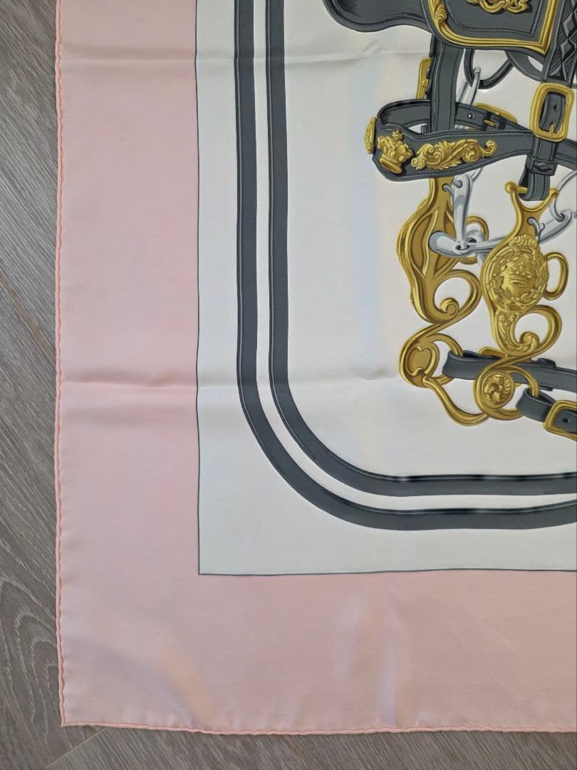 Hermès Brides de Gala Carré 90 Silk Twill Scarf, Black and Gold Harness, Pale Pink Border, with Box, view 10