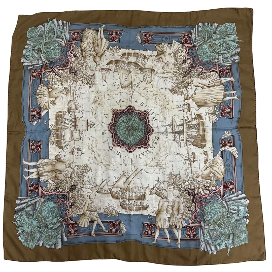 Hermès Carré 90 silk twill scarf, Age of Exploration, bronze border – full carré laid flat with bronze border