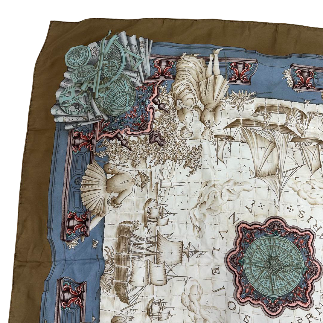 Hermès Carré 90 silk twill scarf, Age of Exploration, bronze border – carré spread showing galleons and charts