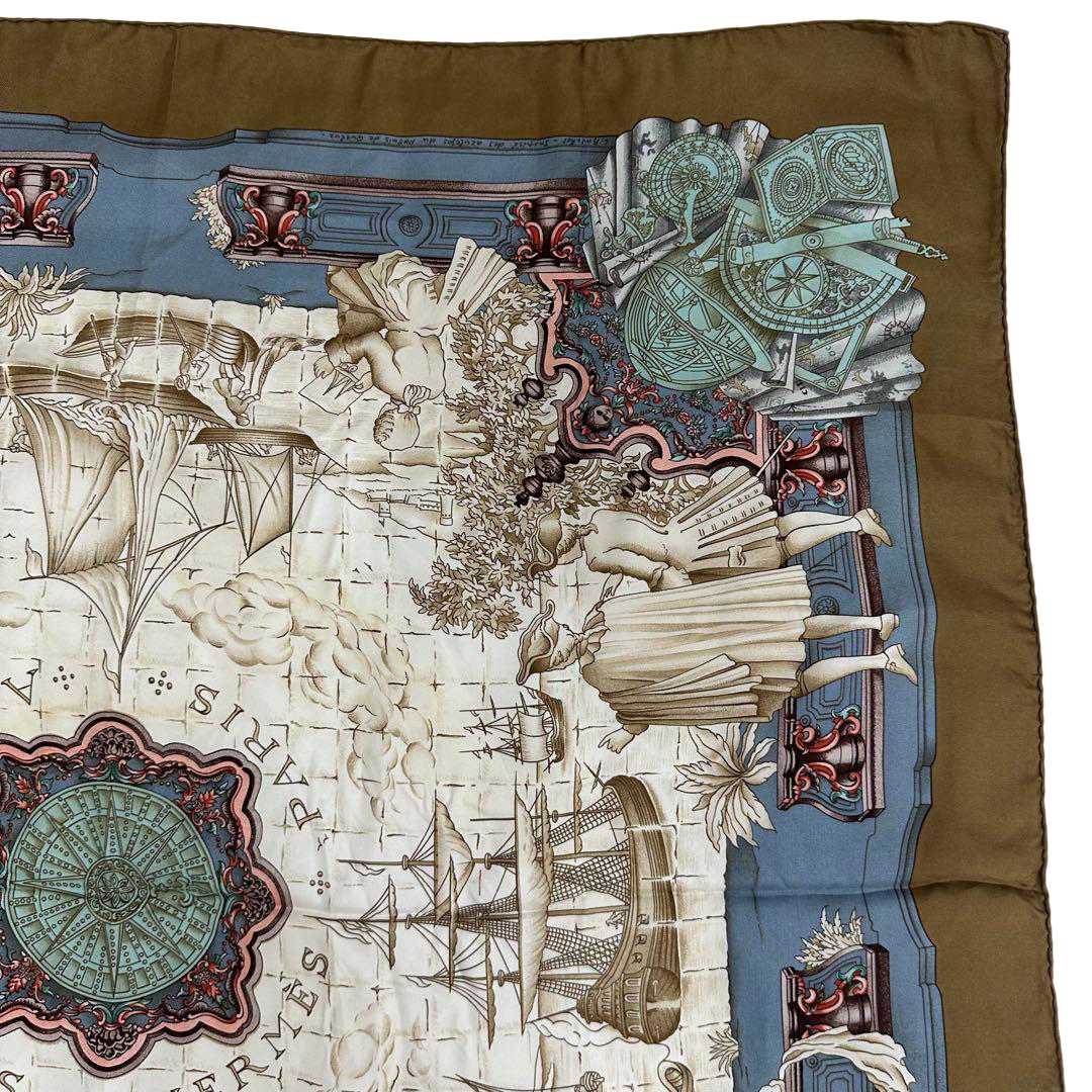 Hermès Carré 90 silk twill scarf, Age of Exploration, bronze border – carré with compass medallion and ship border