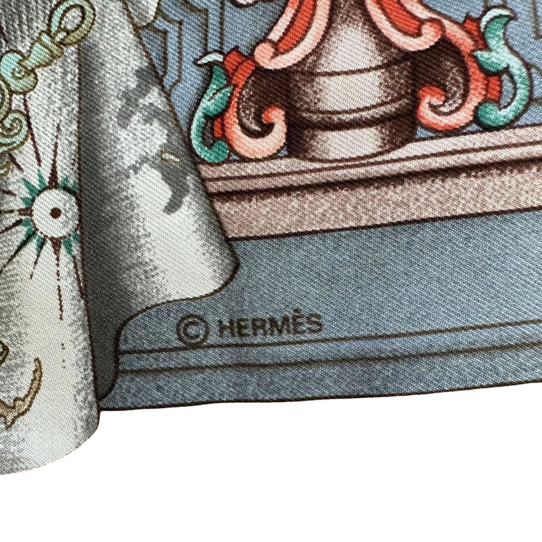 Hermès Carré 90 silk twill scarf, Age of Exploration, bronze border – © HERMÈS signature on the bronze border