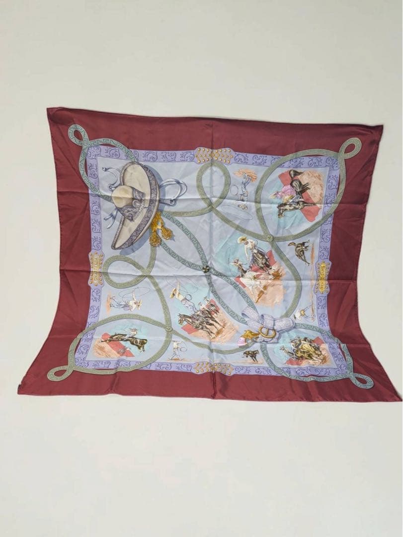 Hermès Charreada Carré 90 Silk Twill Scarf, Mexican Charro Saddlery on Burgundy, view 3