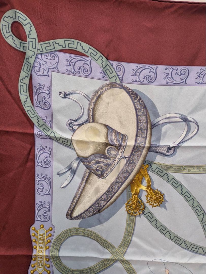 Hermès Charreada Carré 90 Silk Twill Scarf, Mexican Charro Saddlery on Burgundy, view 7