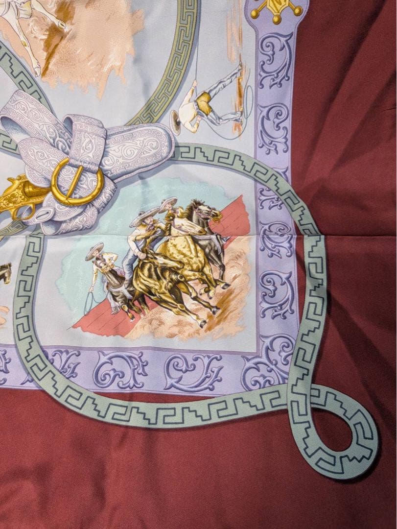 Hermès Charreada Carré 90 Silk Twill Scarf, Mexican Charro Saddlery on Burgundy, view 8