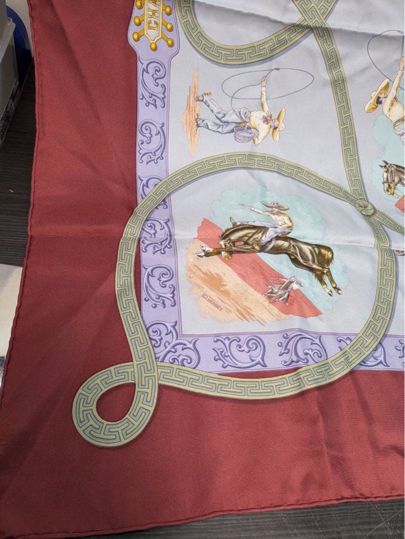 Hermès Charreada Carré 90 Silk Twill Scarf, Mexican Charro Saddlery on Burgundy, view 10