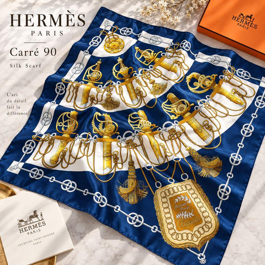 Hermès Cliquetis Carré 90 Silk Twill Scarf, Gilded Swords with Tassels on Navy and White, view 1