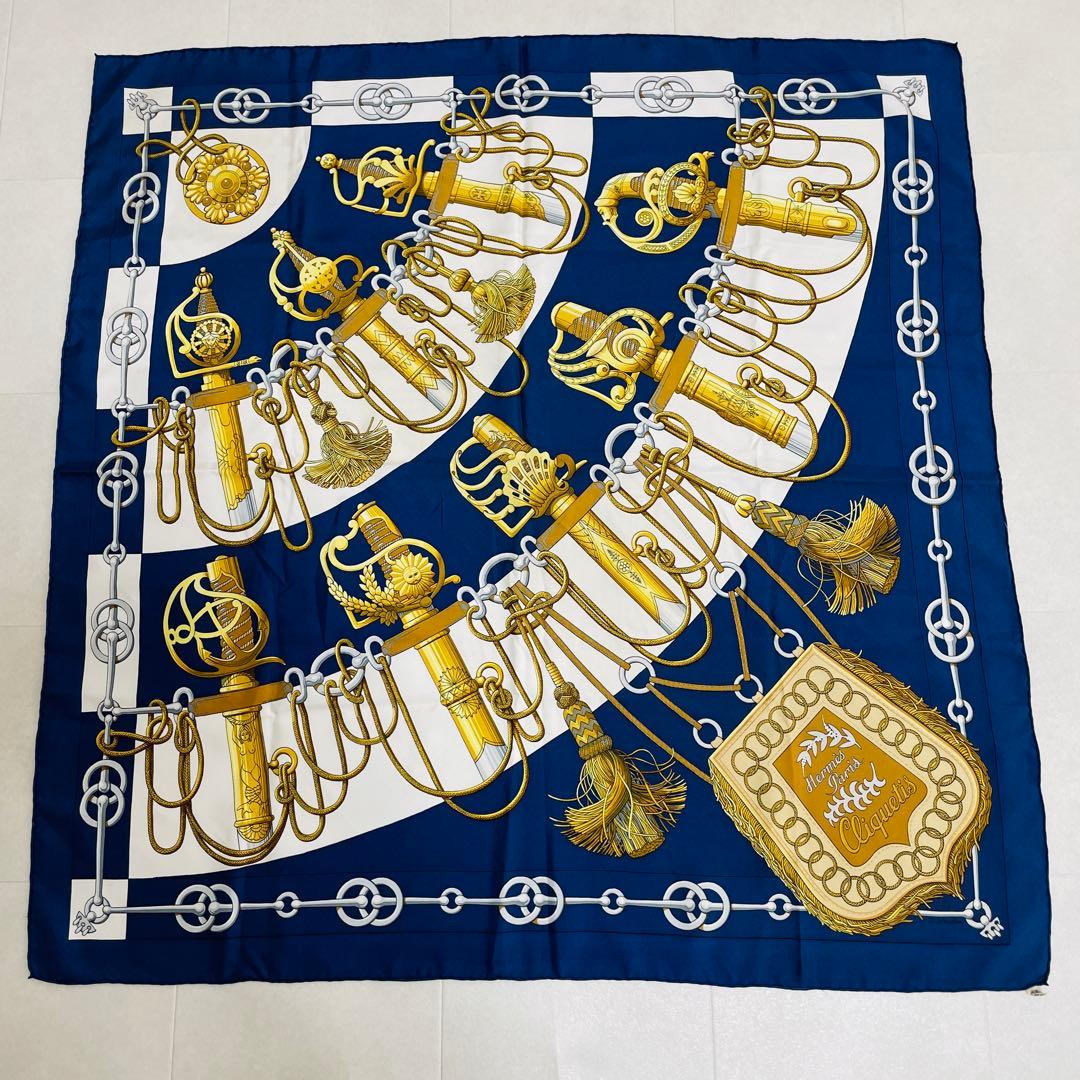 Hermès Cliquetis Carré 90 Silk Twill Scarf, Gilded Swords with Tassels on Navy and White, view 2