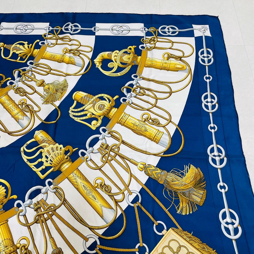Hermès Cliquetis Carré 90 Silk Twill Scarf, Gilded Swords with Tassels on Navy and White, view 6