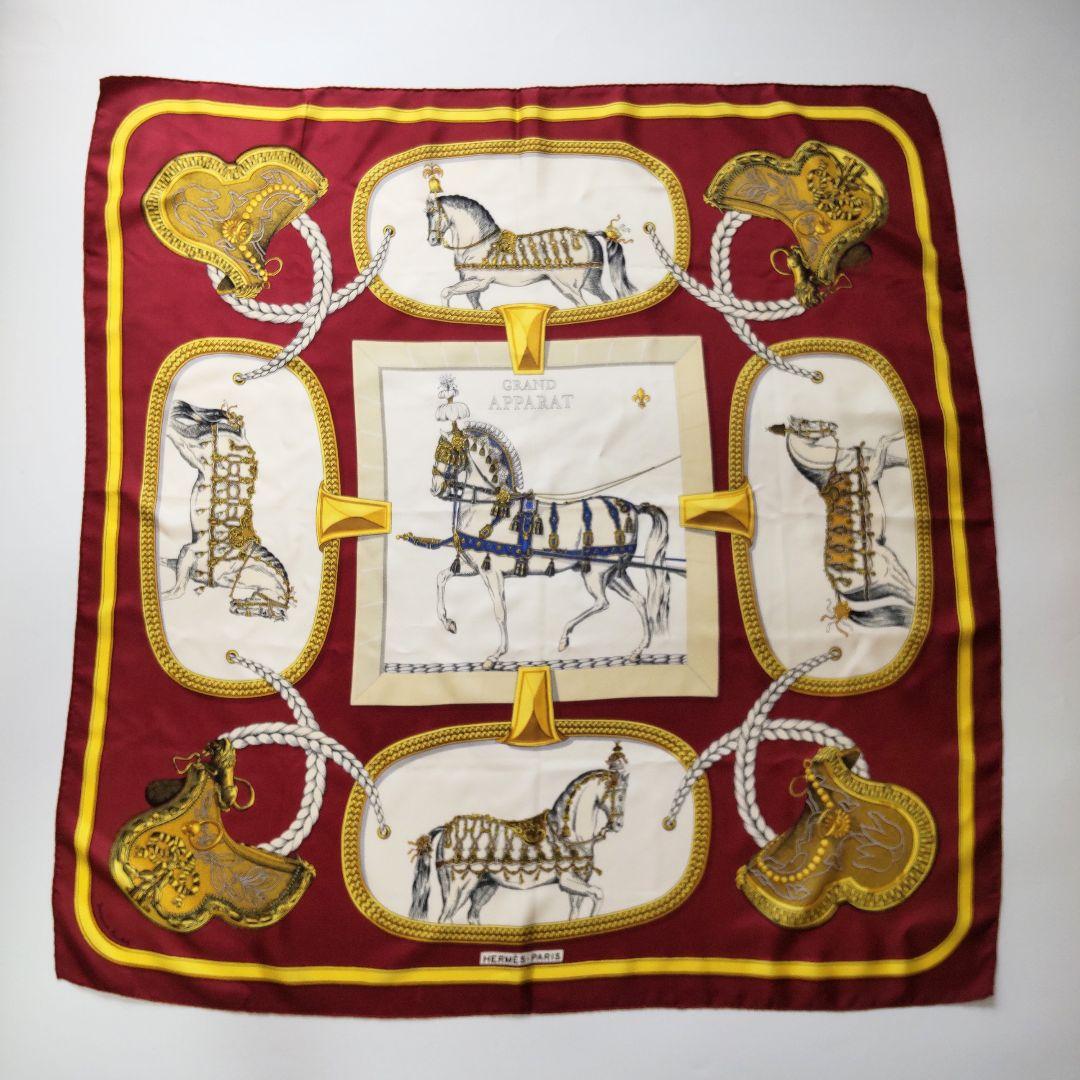 Hermès Grand Apparat Carré 90 Silk Twill Scarf by Jacques Eudel, Parade Horses on Burgundy, view 1
