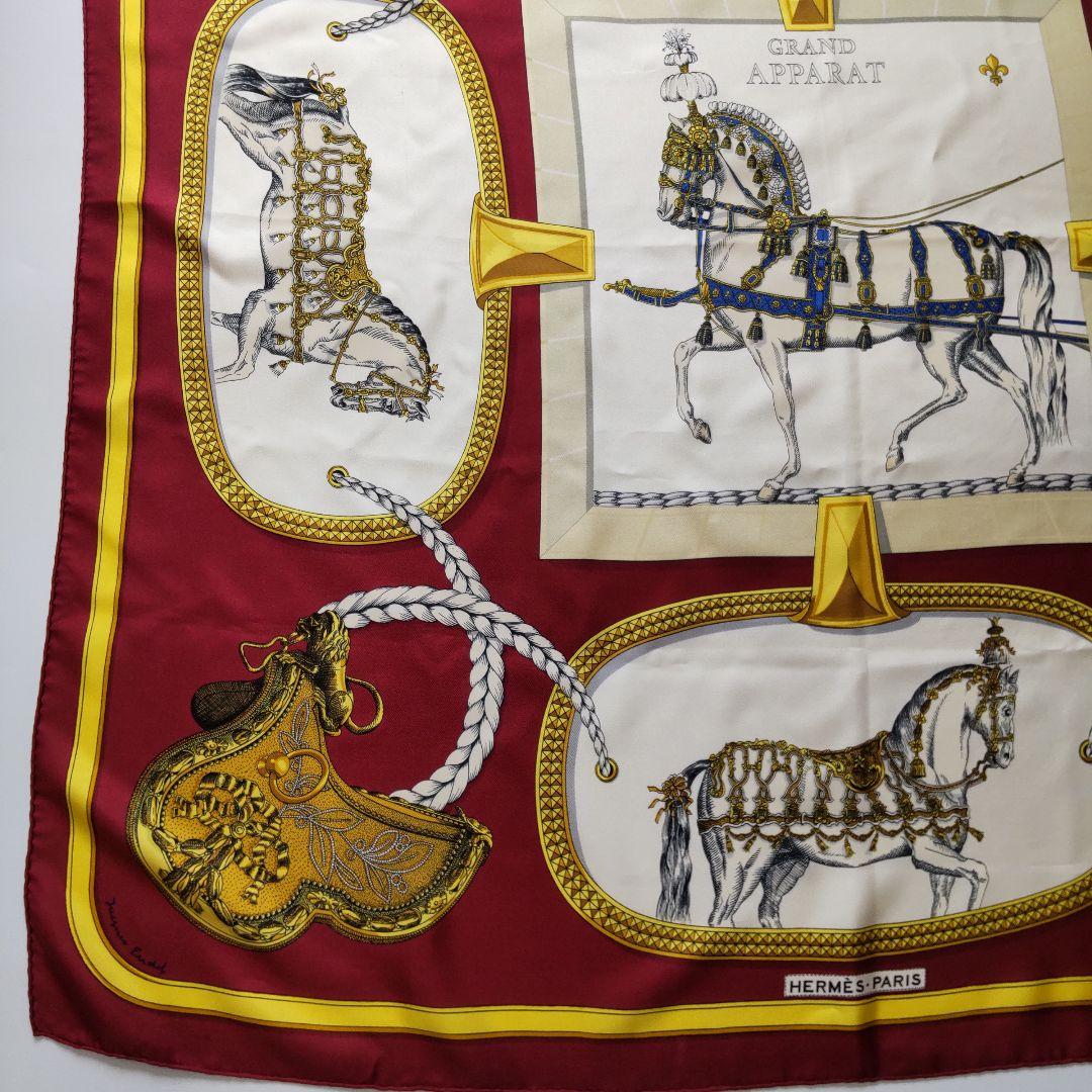 Hermès Grand Apparat Carré 90 Silk Twill Scarf by Jacques Eudel, Parade Horses on Burgundy, view 5
