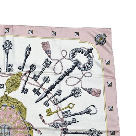 Hermès Les Clés Carré 90 Silk Twill Scarf, Antique Keys on Ivory with Pink Border, view 1