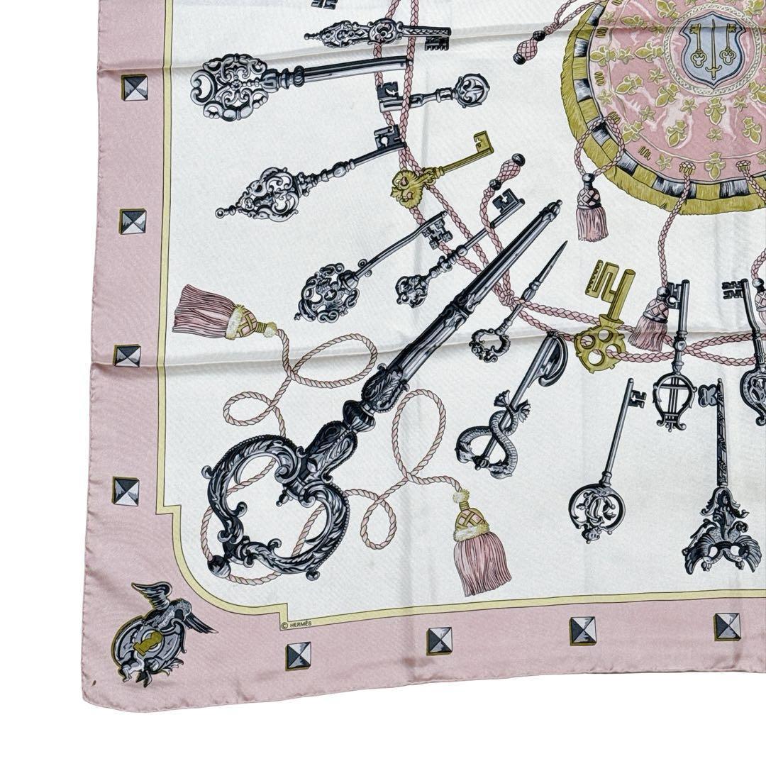 Hermès Les Clés Carré 90 Silk Twill Scarf, Antique Keys on Ivory with Pink Border, view 2