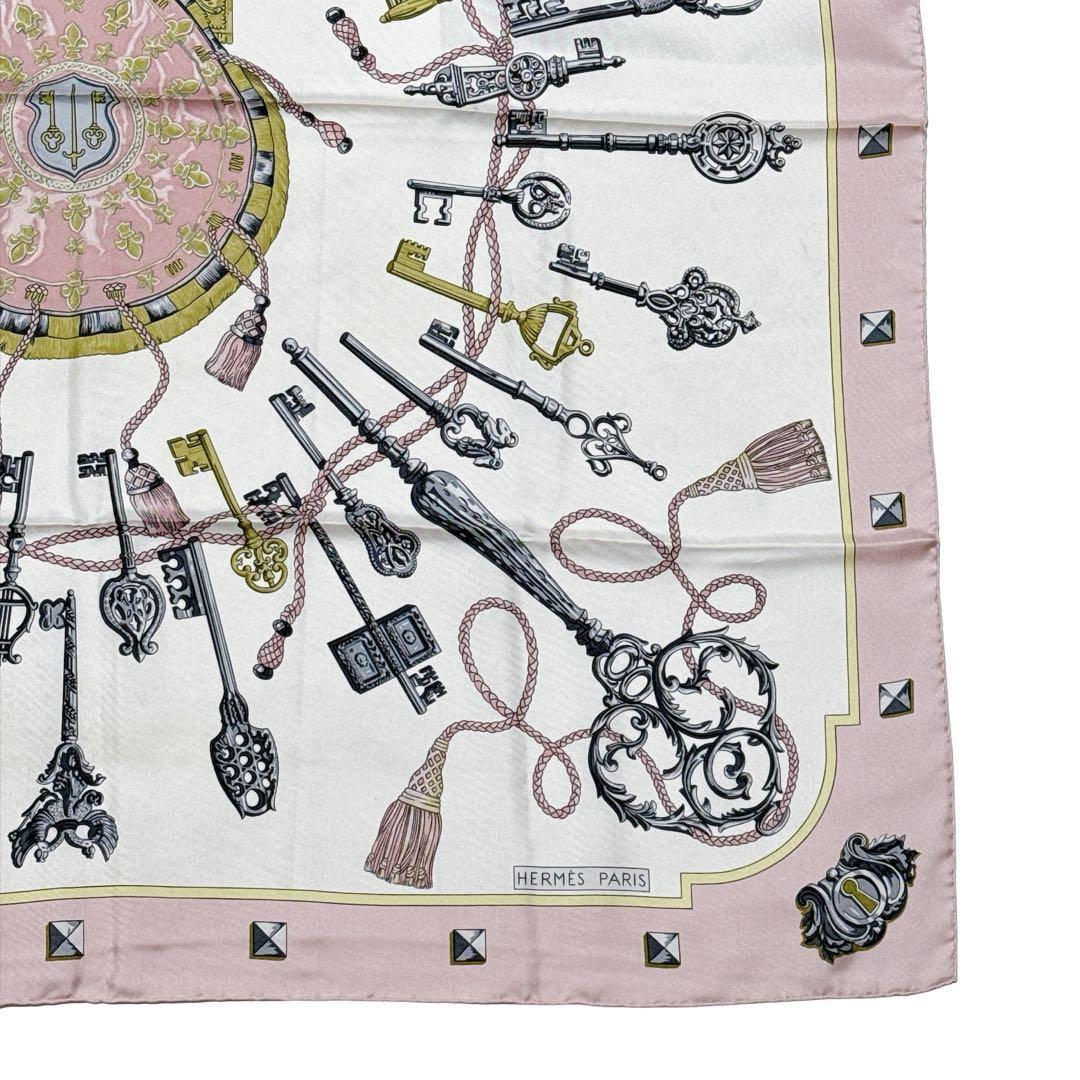 Hermès Les Clés Carré 90 Silk Twill Scarf, Antique Keys on Ivory with Pink Border, view 3