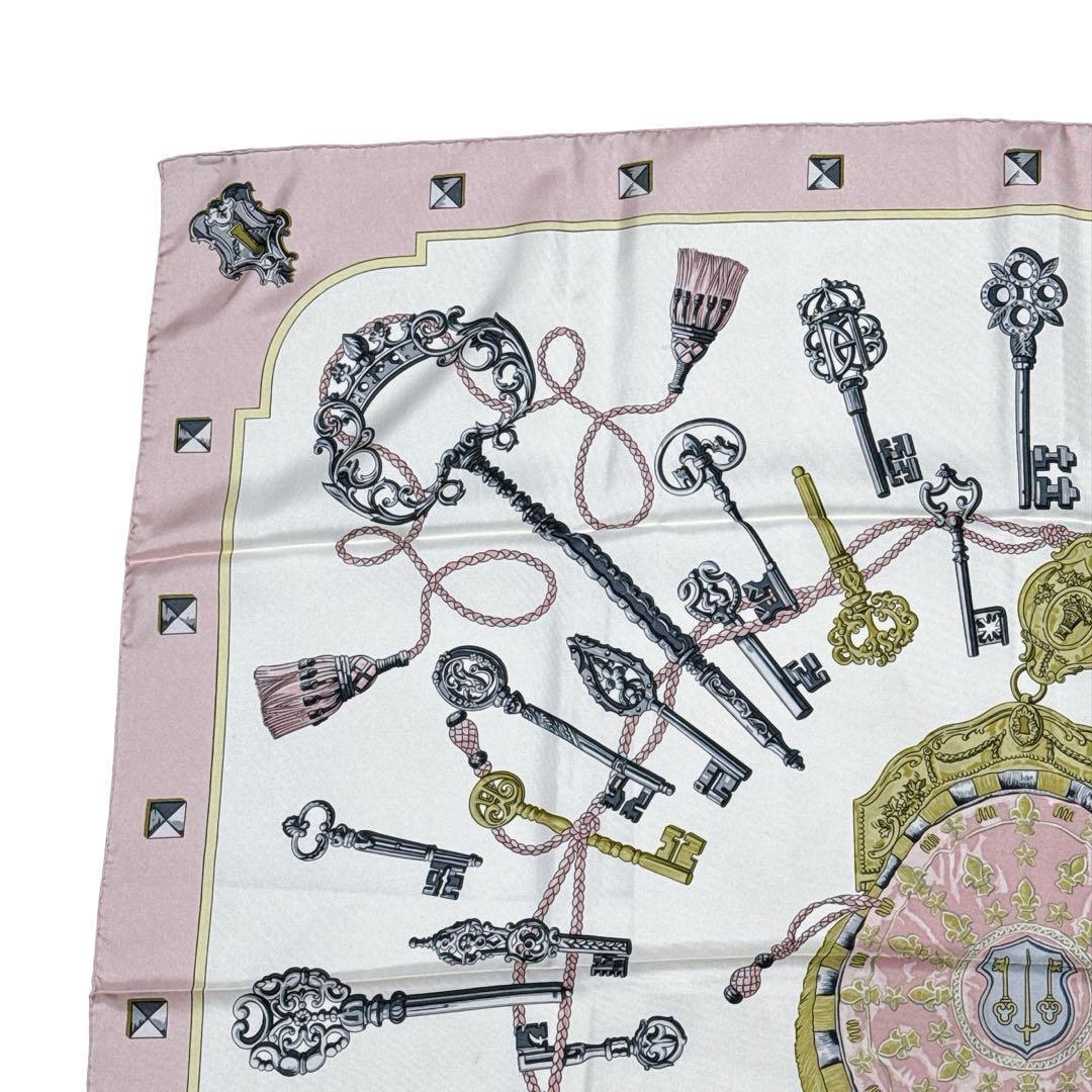 Hermès Les Clés Carré 90 Silk Twill Scarf, Antique Keys on Ivory with Pink Border, view 4