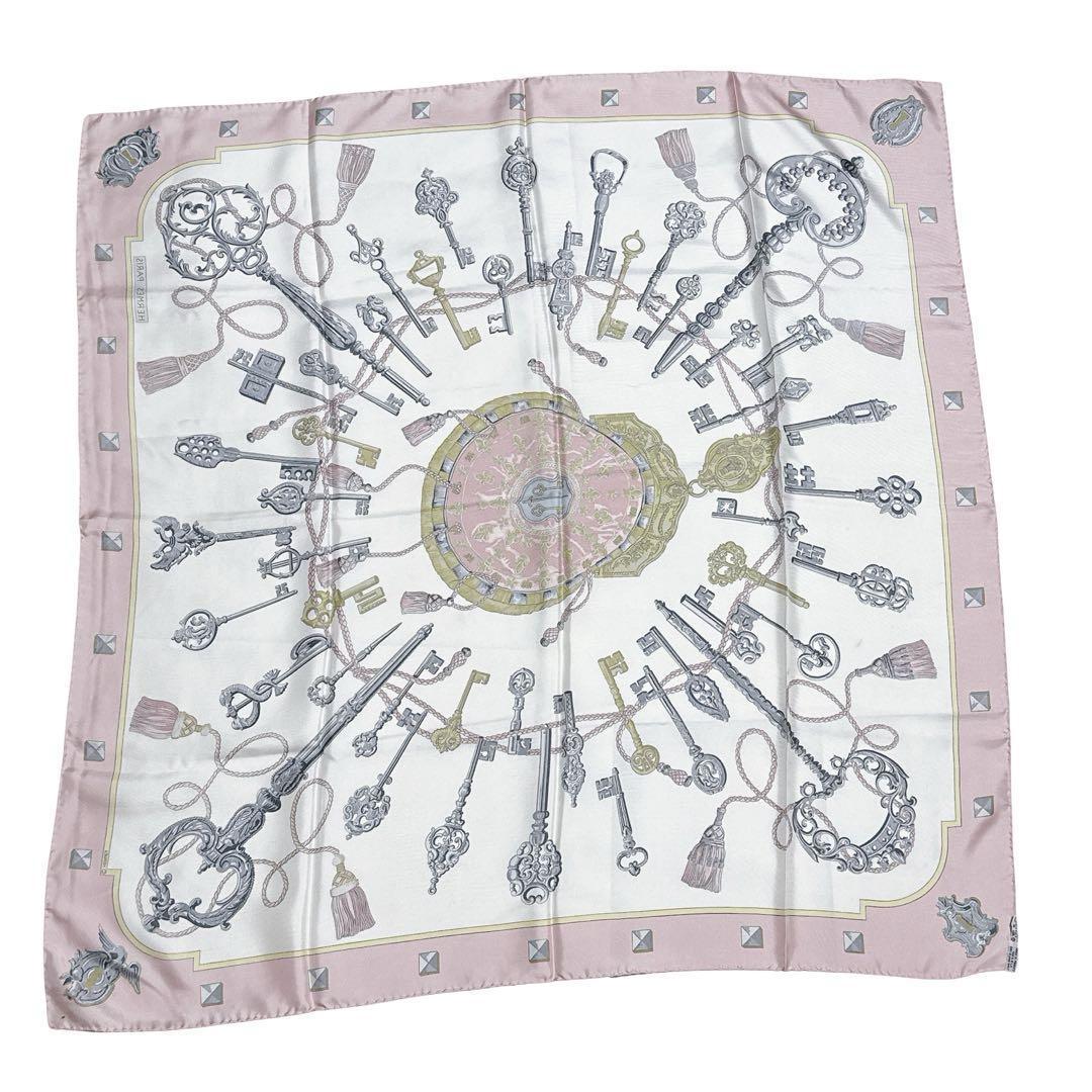 Hermès Les Clés Carré 90 Silk Twill Scarf, Antique Keys on Ivory with Pink Border, view 5