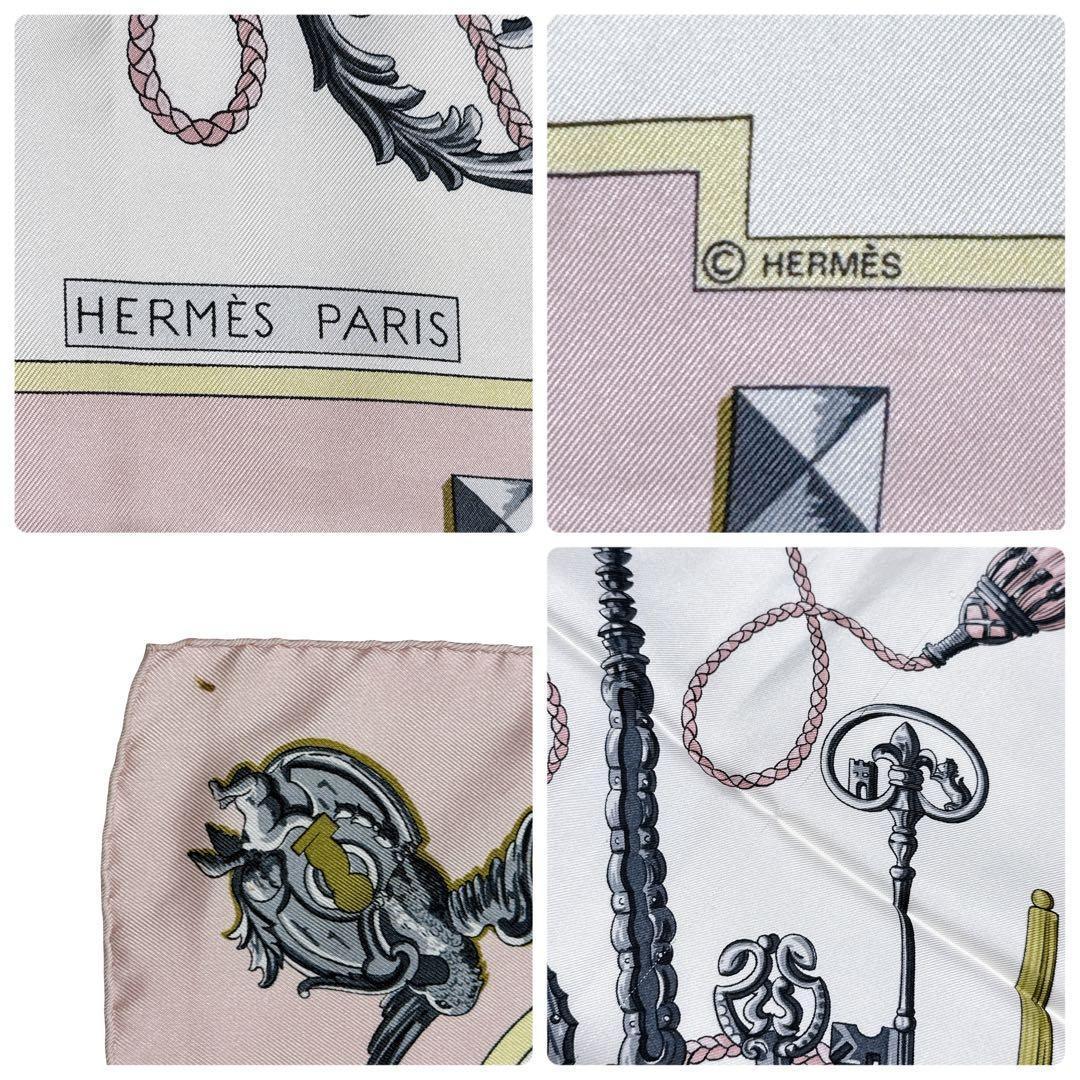 Hermès Les Clés Carré 90 Silk Twill Scarf, Antique Keys on Ivory with Pink Border, view 7