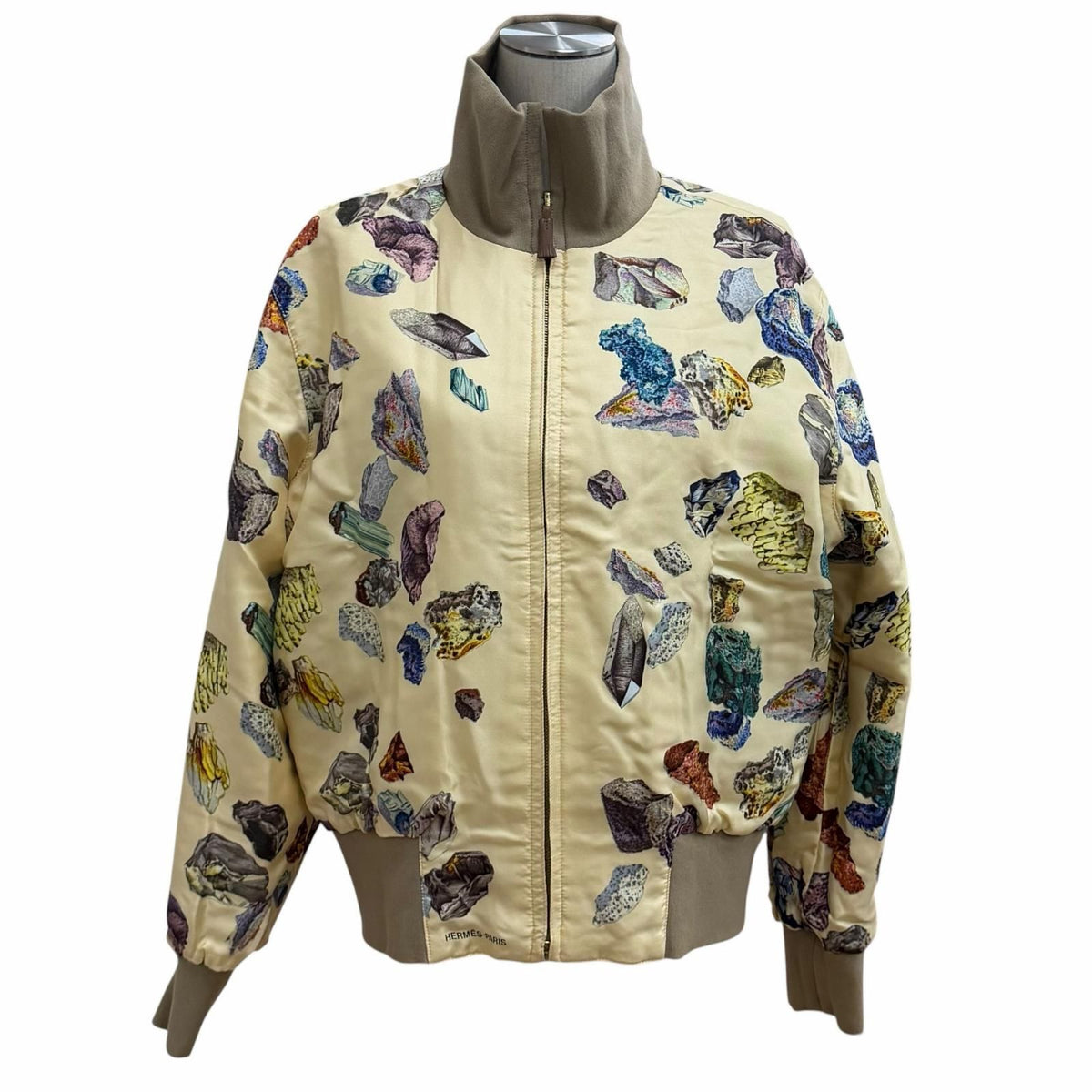 Hermès Minéraux Reversible Silk Blouson, Gemstone Carré Print on Cream, Funnel Collar, Size 40, view 1