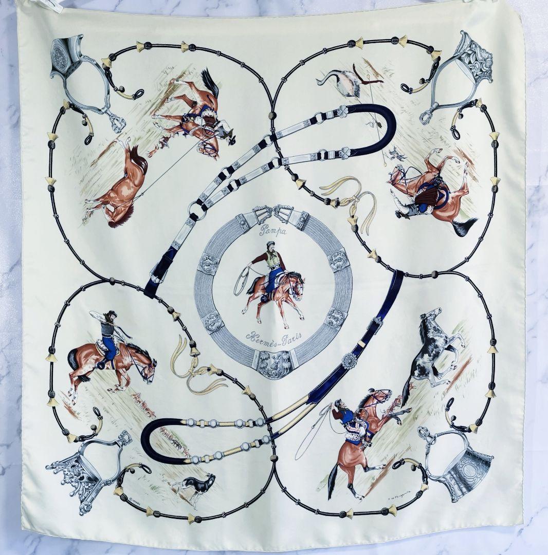 Hermès Pampa Carré 90 Silk Twill Scarf, Gauchos and Bolas on Ivory with Navy, view 1