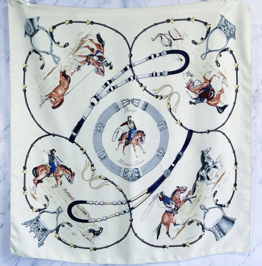 Hermès Pampa Carré 90 Silk Twill Scarf, Gauchos and Bolas on Ivory with Navy, view 1
