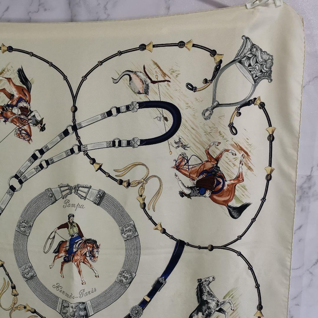 Hermès Pampa Carré 90 Silk Twill Scarf, Gauchos and Bolas on Ivory with Navy, view 3
