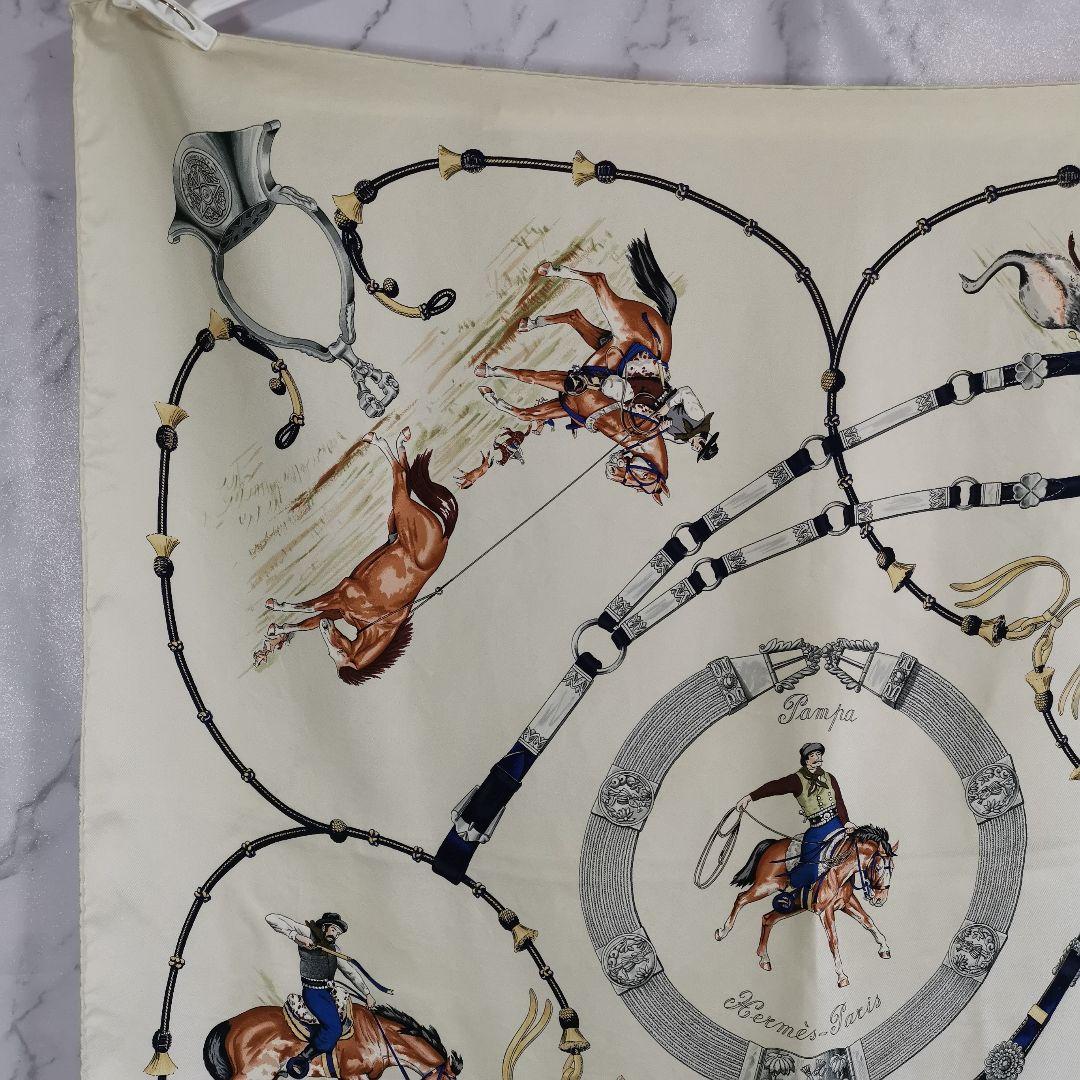 Hermès Pampa Carré 90 Silk Twill Scarf, Gauchos and Bolas on Ivory with Navy, view 4