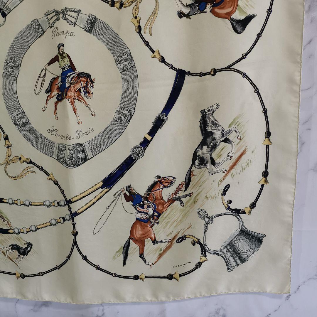 Hermès Pampa Carré 90 Silk Twill Scarf, Gauchos and Bolas on Ivory with Navy, view 5