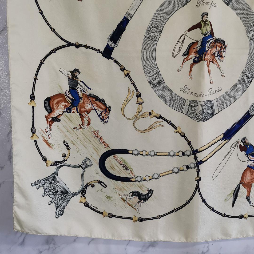 Hermès Pampa Carré 90 Silk Twill Scarf, Gauchos and Bolas on Ivory with Navy, view 6